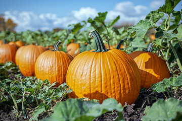 Pumpkins growing in a vibrant field during autumn sunshine