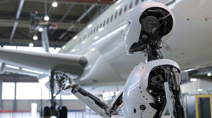 Humanoid robot checking the alignment of an aircraft's wings