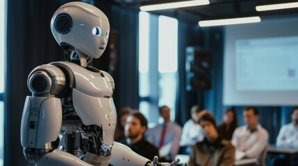 Humanoid robot giving a presentation in a corporate setting