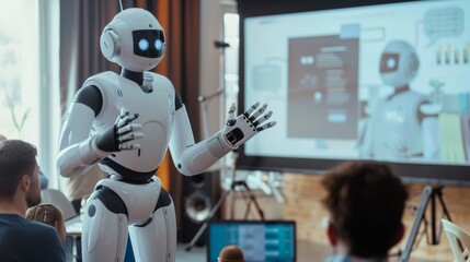 Humanoid robot giving a presentation in a corporate setting