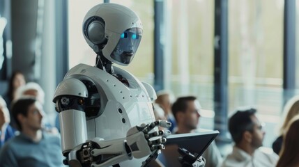 Humanoid robot giving a presentation in a corporate setting