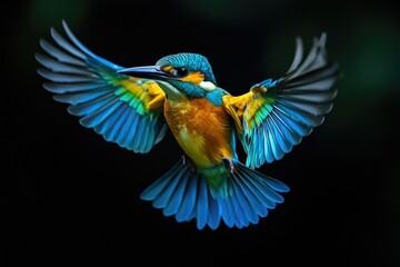 Fototapeta premium Vibrant tropical birds in flight, bright feathers in vivid blues, greens, and yellows, gracefully contrasted against a deep black background