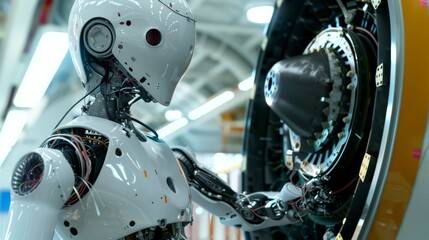 Fototapeta premium Humanoid robot lubricating moving parts on an aircraft