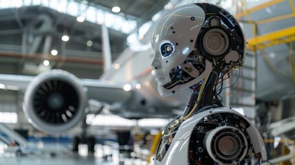 Fototapeta premium Humanoid robot lubricating moving parts on an aircraft