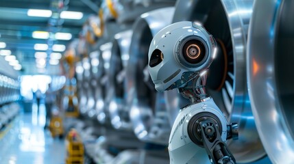 Fototapeta premium Humanoid robot lubricating moving parts on an aircraft