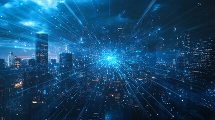 Fototapeta premium A vibrant night view of a city skyline illuminated by dynamic blue light beams in an urban environment