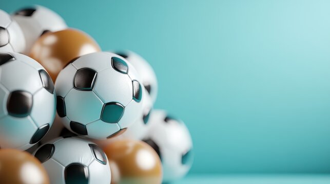 An artistic image of a pile of black and white soccer balls heaped artistically against a soft turquoise backdrop, focusing on the arrangement and modern design.