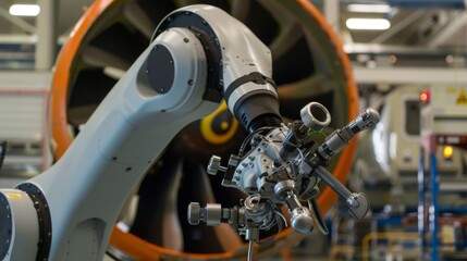 Fototapeta premium Humanoid robot tightening bolts on an aircraft's engine mount