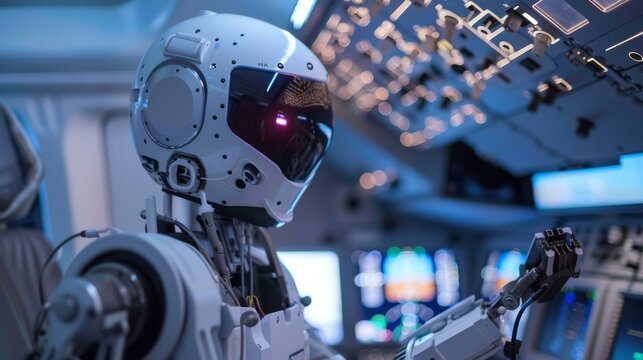 Humanoid robot tightening bolts on an aircraft's engine mount