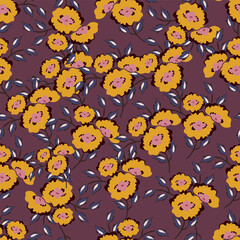 Seamless floral pattern, liberty ditsy fabric, textile print in country, folk motif. Simple botanical design of small hand drawn flowers, tiny leaves, random bouquets on a blue. Vector illustration.