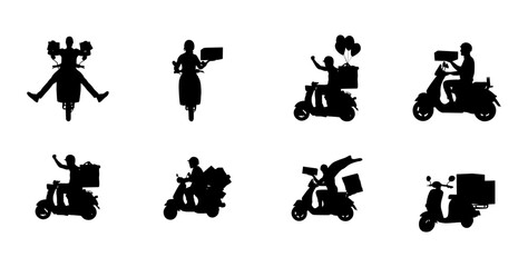 delivery man ridding bike vector set. delivery boy vector illustration set.