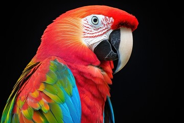 Close-up of a colorful parrot, intricate details of red, blue, and green feathers, sharp focus, set against a black backdrop for dramatic contrast