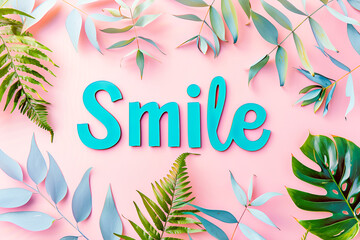 Blue text Smile on a pastel pink background with flowers
