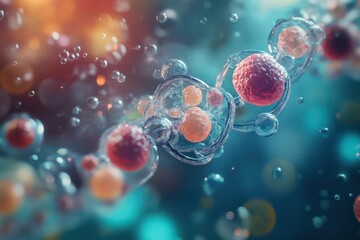 Obraz premium Close-up of a DNA molecule transmitting signals to surrounding cells, visualizing intercellular communication via molecular structures