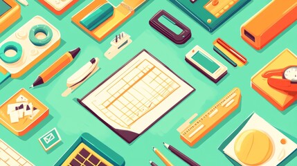 A variety of office supplies, including a pen, ruler, stapler, and paper.