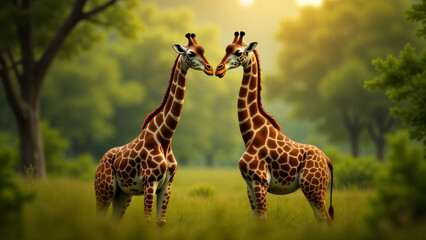 Obraz premium A serene portrait of two elegant giraffes together amidst lush foliage, celebrating the beauty of wildlife.