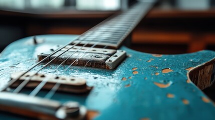 This image presents a close-up shot of an aged blue electric guitar, revealing its worn textures and unique character, ideal for music enthusiasts and vintage lovers.