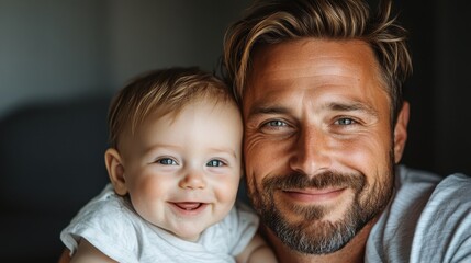 A father and his baby share mutual smiles, illuminated by bright light, portraying happiness, warmth, and serene familial connections in a heartfelt scene.