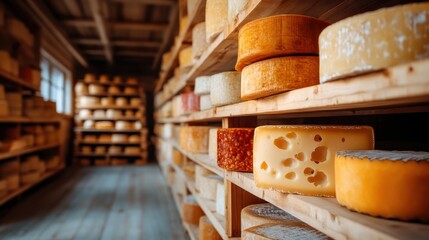 A rustic view of a cheese cellar, showcasing different cheese wheels in an array of textures and sizes, all positioned meticulously on sturdy wooden shelves.