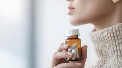 Fototapeta premium Sore Throat Discomfort with Medicine Bottle in Closeup