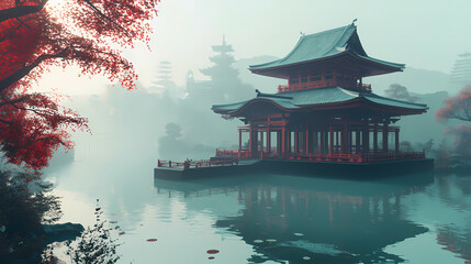 Japanese temple in a bay. landscape of a feudal city. generative ai. Feudal Japanese Garden. Illustration