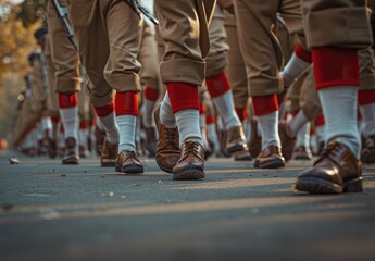 Closeup of army soldiers marching in formation on military parade ground