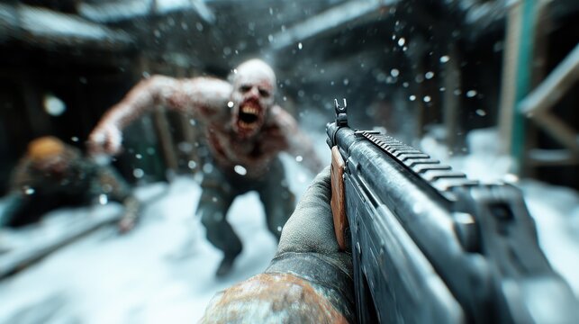 A dramatic head-on confrontation with a zombie in a snowy village setting, capturing the raw intensity and urgency of a suspenseful winter battle scene.