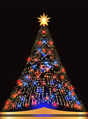 Christmas tree from digital electronic circuit with glowing star and sparkle lamps. New Year technical engineering card or web banner.