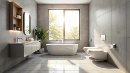 A Modern Bathroom with Stylish Grey and White Tiles and a Large Window Flooding the Space with Light