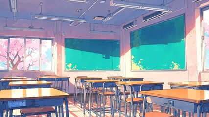Fototapeta premium Cute school perspective anime style with pastel colors background