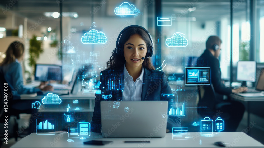 Poster a professional woman in a headset engages with clients while analyzing data in a modern office envir