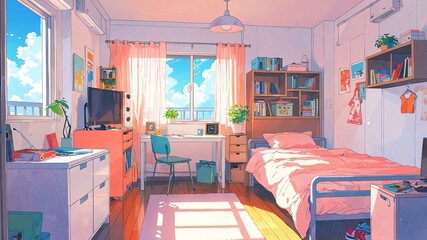 Fototapeta premium Cute child bedroom perspective anime style with pastel colors background