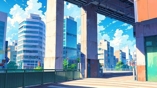 Cute cityline perspective anime style with pastel colors background