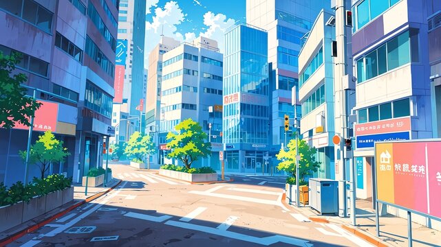 Cute cityline perspective anime style with pastel colors background