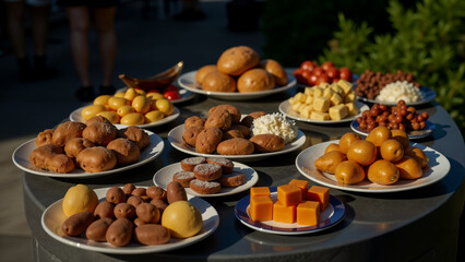 An Assortment of Plates Filled With Random Treats Creating an Inviting Atmosphere on a Sunny Sidewalk