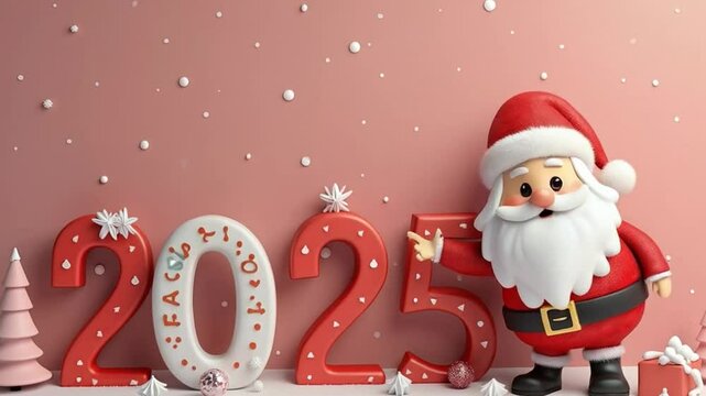 Cute santa claus pointing at 2025 large red numbers 3d illustration on pink background