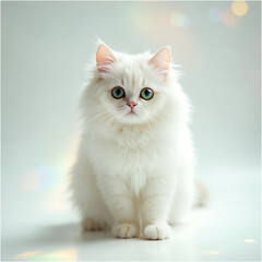 Fluffy White Cat with Piercing Eyes in Soft Light isolated on a white background