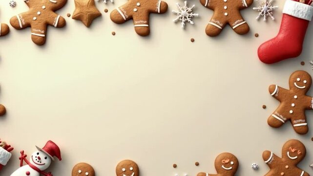 Christmas gingerbread men framing festive blank background