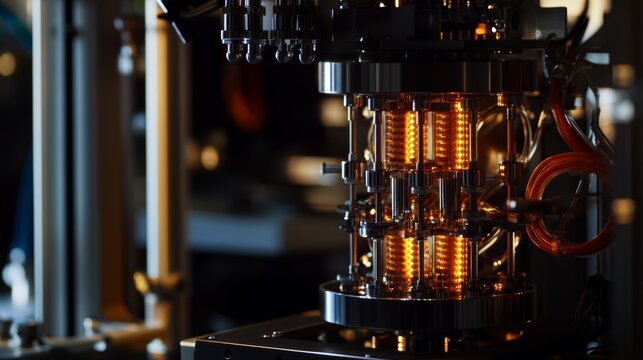 An elaborate quantum computer setup with glowing nodes, high-tech lab setting with a focus on the computer's core components, Advanced style