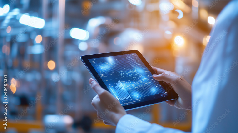 Poster industrial data analytics on tablet in modern factory setting