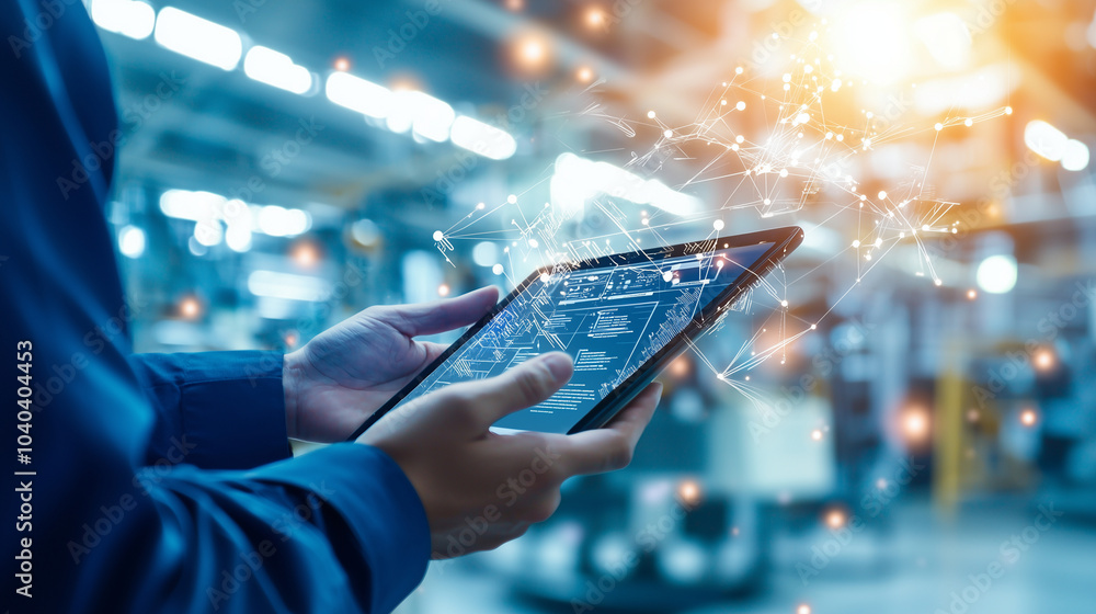 Poster hands using tablet to monitor smart factory technology