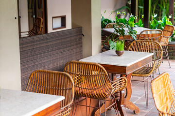 Serene Outdoor Table with Grass and Decorative Statue