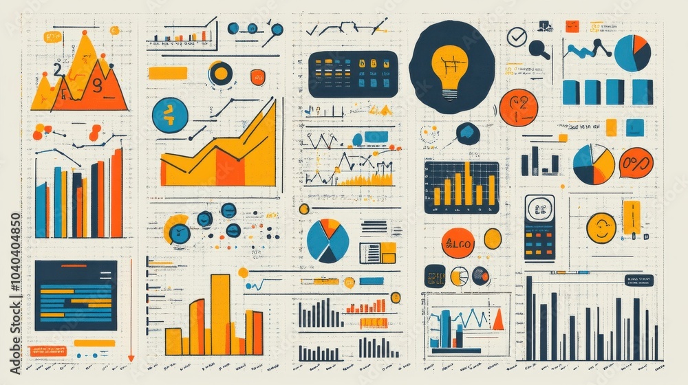 Poster colorful infographic displaying complex data representations and analytical charts