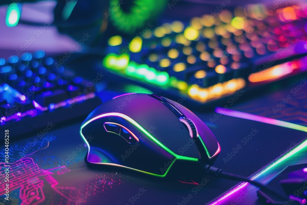 Poster high-performance gaming mouse with dynamic rgb lighting on sleek mousepad
