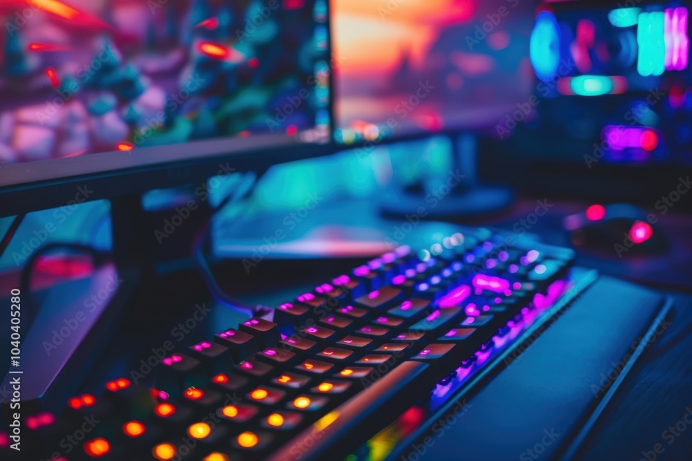 Poster high-performance gaming gear setup with colorful neon keyboard and mouse for ultimate play