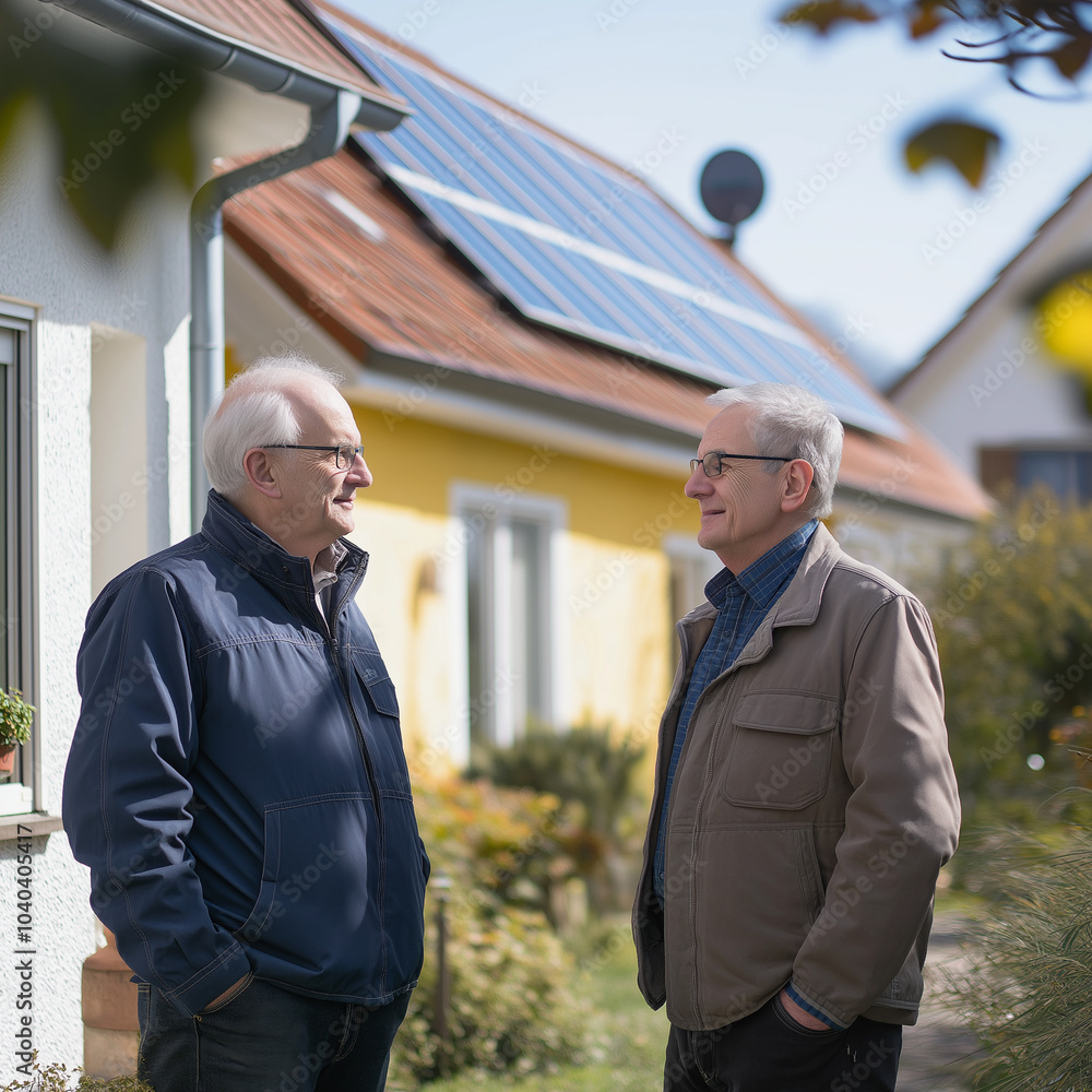 Wall mural two gentleman in front of house with solar panels