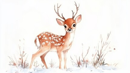 Fototapeta premium A charming fawn with delicate spots and small antlers stands gracefully in a snowy landscape