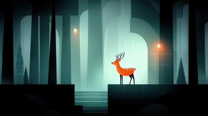 A red deer stands in a stylized, abstract forest with geometric shapes and soft lighting