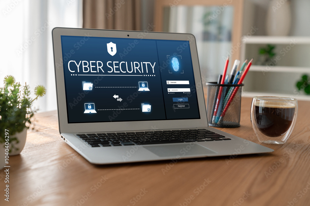Poster cyber security system on computer screen protect private information snugly from hacker and cyber at