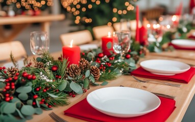 Festive Christmas Table Setting with Red Napkins and Candles